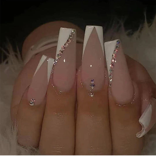 Long Coffin White Studded Press On Nails