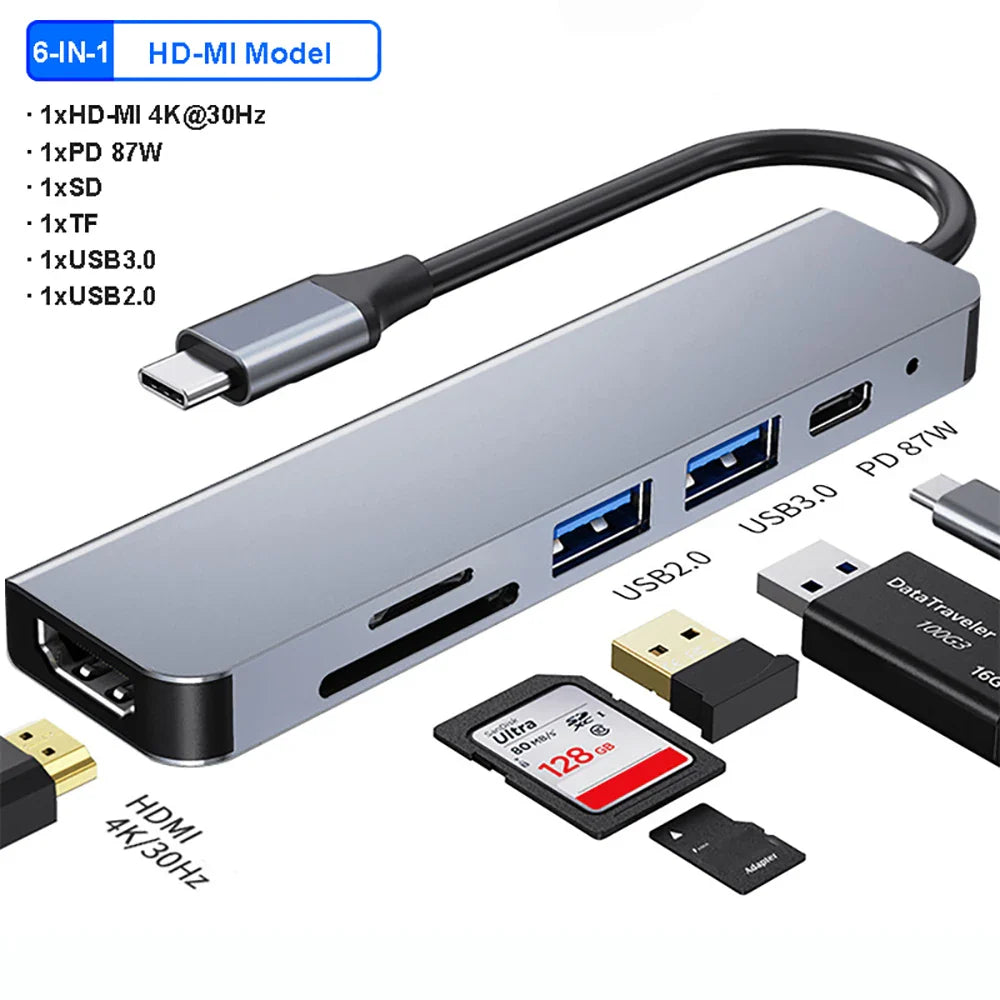 USB C Hub 4K 30Hz | Type C to HDMI-Compatible PD 87W | USB Splitter Adapter for MacBook Air/Pro | USB 3.0 Hub with TF/SD Multi Converter