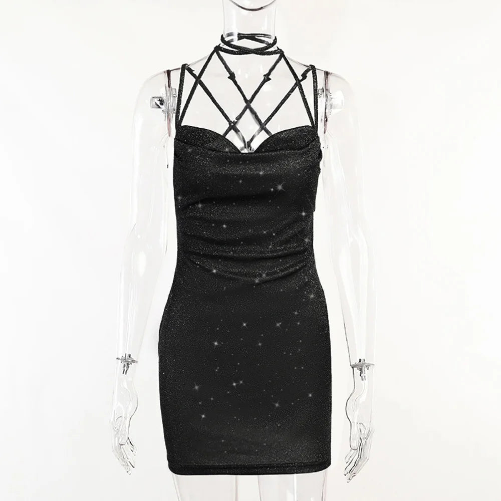 Glitter Cowl-Neck Lace Up Sequins Dress