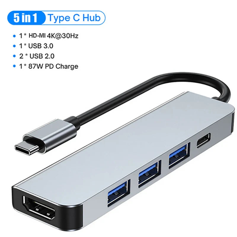 USB C Hub 4K 30Hz | Type C to HDMI-Compatible PD 87W | USB Splitter Adapter for MacBook Air/Pro | USB 3.0 Hub with TF/SD Multi Converter